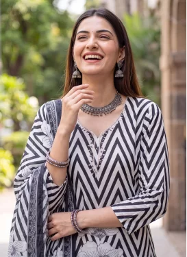 Digital Print Work Cotton Straight Suit in Black and White for Women