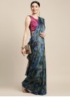 Cotton Print Work Navy Blue and Olive Traditional Designer Saree - 1