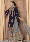 Booti Work Faux Georgette Grey and Navy Blue Palazzo Straight Salwar Kameez - 1