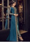 Navy Blue and Turquoise Net Jacket Style Floor Length Suit For Festival - 1