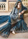 Light Blue and Teal Embroidered Work Faux Georgette Sharara Salwar Suit - 2
