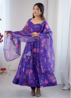 Purple Organza Anarkali Suit with Digital Print Work for Ceremonial