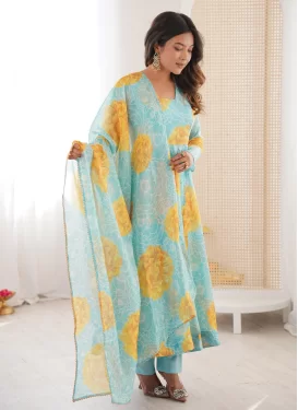 Organza Anarkali Suit with Digital Print Work for Ceremonial in Turquoise