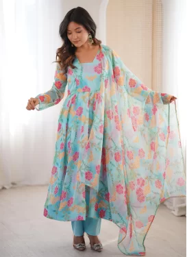 Organza Anarkali Suit in Turquoise with Digital Print Work for Ceremonial
