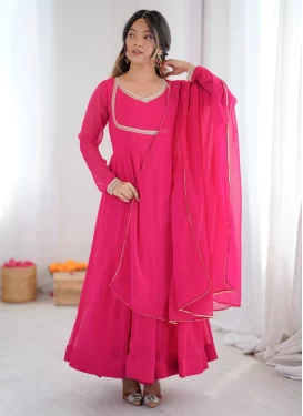Rose Pink Georgette Lace Work Anarkali Suit for Women
