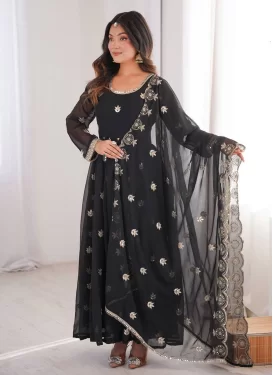 Georgette Embroidered Work Anarkali Suit in Black