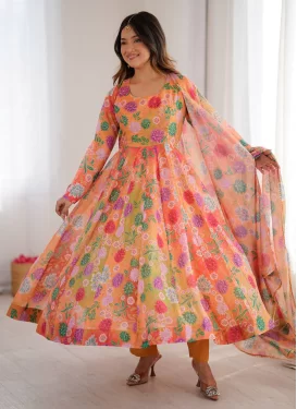 Organza Digital Print Work Anarkali Suit in Orange