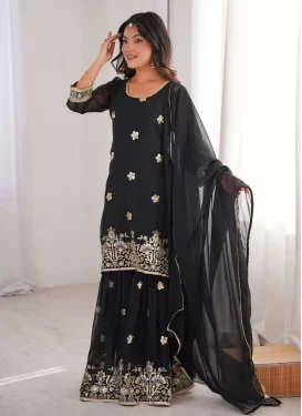 Georgette Sharara Suit in Black with Embroidered Work for Festival