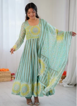 Turquoise Organza Digital Print Work Anarkali Suit for Women