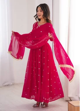 Georgette Anarkali Suit with Embroidered Work for Women in Rose Pink