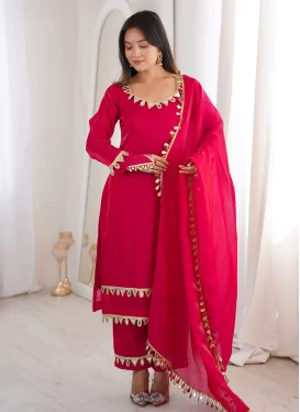 Fendi Silk Readymade Salwar Suit in Rose Pink with Lace Work for Festival