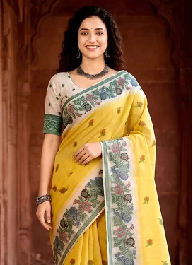 Beige and Yellow Cotton Classic Saree with Woven Work for Ceremonial