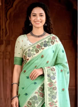 Woven Work Cotton Silk Traditional Saree in Beige and Turquoise for Festival
