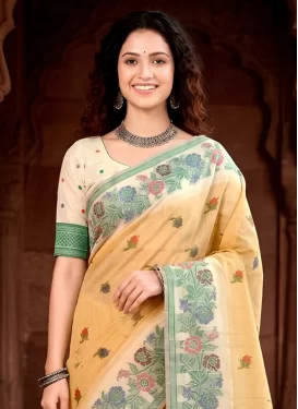 Cotton Silk Traditional Saree with Woven Work in Beige and Gold for Festival