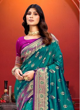 Woven Work Silk Blend Trendy Saree in Purple and Teal for Women