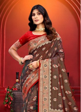 Silk Blend Trendy Saree with Woven Work in Brown and Red