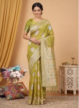 Cotton Silk Classic Saree with Woven Work in Olive