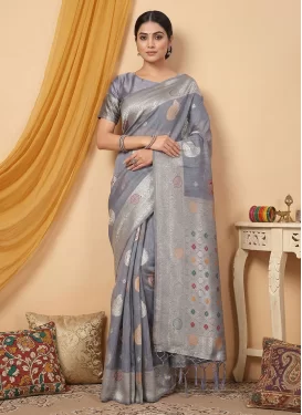 Cotton Silk Classic Saree with Woven Work for Casual in Grey