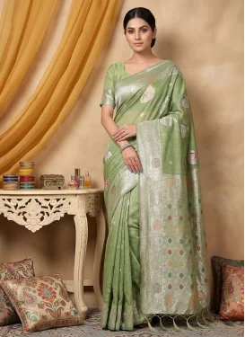 Woven Work Cotton Silk Traditional Saree in Mint Green for Women