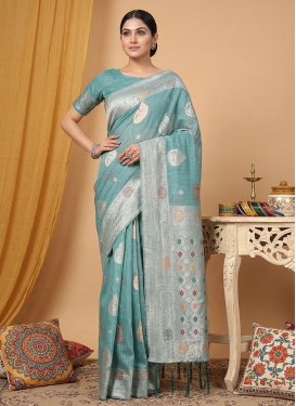 Cotton Silk Traditional Saree with Woven Work for Casual in Turquoise