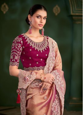Silk Georgette Trendy Saree with Embroidered Work for Bridal in Peach