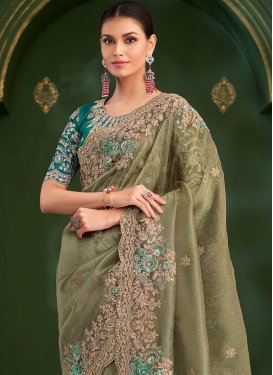 Silk Georgette Trendy Saree with Embroidered Work in Olive for Bridal