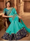 Satin Silk Navy Blue and Turquoise Embroidered Work Designer Contemporary Style Saree - 1