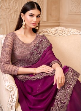 Purple Satin Georgette Traditional Saree with Embroidered Work for Party Purple Satin Georgette Traditional Saree with Embroidered Work for Party
