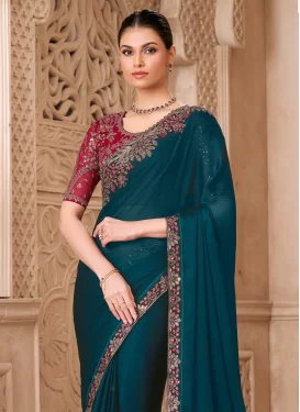Embroidered Work Satin Georgette Trendy Saree in Teal for Women Embroidered Work Satin Georgette Trendy Saree in Teal for Women