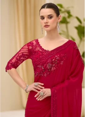 Beads Work Chiffon Satin Classic Saree in Red for Women