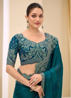 Embroidered Work Chiffon Satin Classic Saree in Teal for Women