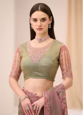 Georgette Classic Saree with Embroidered Work in Olive and Salmon for Party
