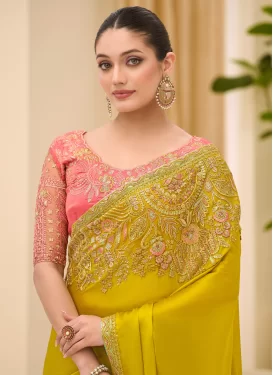 Yellow Chiffon Satin Cutdana Work Classic Saree for Women