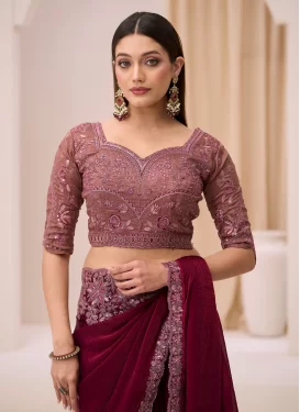 Satin Silk Traditional Saree with Embroidered Work in Wine