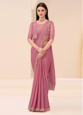 Embroidered Work Shimmer Traditional Saree in Hot Pink for Festival