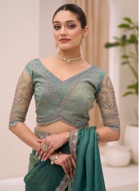 Tissue Traditional Saree in Teal with Embroidered Work for Women