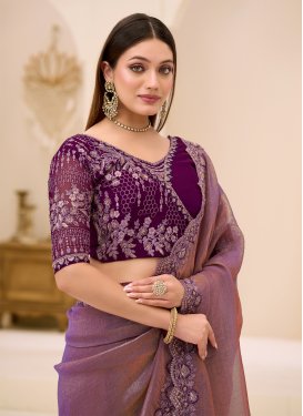 Violet Tissue Traditional Saree with Embroidered Work for Festival