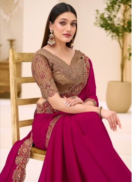 Embroidered Work Satin Georgette Trendy Saree in Rose Pink for Women