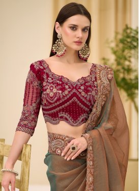 Olive Satin Georgette Trendy Saree with Embroidered Work for Party