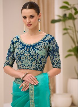 Embroidered Work Tissue Trendy Saree in Turquoise for Festival