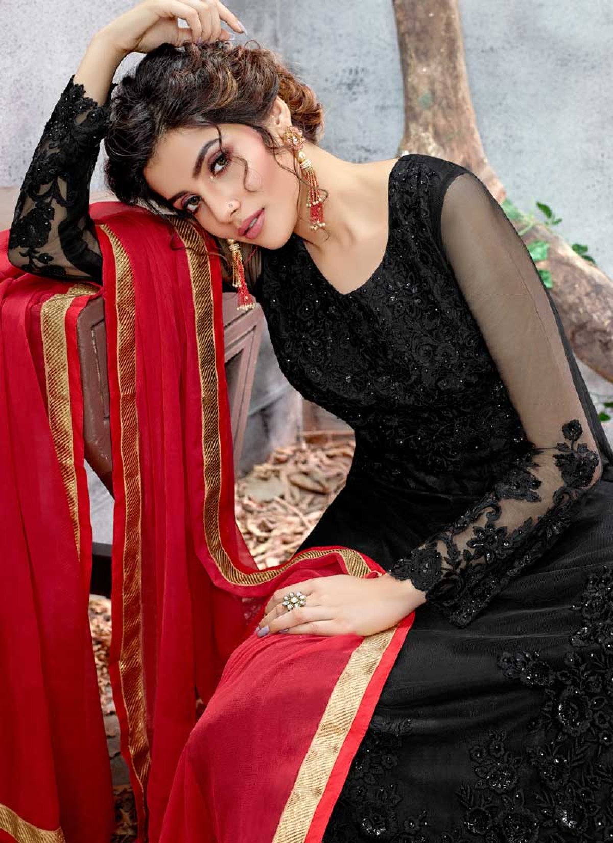open lace back dress Dweep Sar Maslin Fabric Party Wear Women's wear Black Red Green KurtI  Embroidered Dupatta Diwali Special Muslin Fabric 3/4 sleeves S- XXL sizes  Traditional Indian Pakistani Wedding
