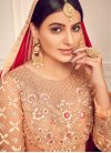 Faux Georgette Peach and Red Embroidered Work Palazzo Style Pakistani Salwar Kameez - 1