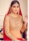 Faux Georgette Peach and Red Embroidered Work Palazzo Style Pakistani Salwar Kameez - 2