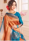 Light Blue and Orange Kanjivaram Silk Classic Saree - 1