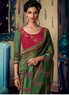 Olive and Rose Pink Embroidered Work Designer Contemporary Saree - 1
