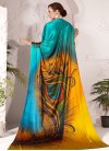 Mustard and Teal Abstract Print Work Satin Designer Contemporary Style Saree - 1