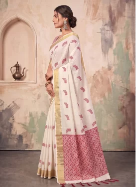 Cotton Traditional Saree in Off White with Woven Work for Ceremonial
