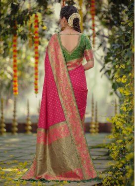 Silk Blend Traditional Saree in Green and Rose Pink with Woven Work for Women