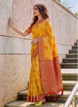 Woven Work Cotton Silk Traditional Saree in Mustard and Orange for Women