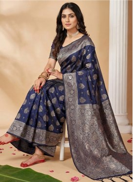 Woven Work Silk Blend Trendy Saree in Navy Blue for Casual